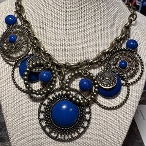 Brass Tone Blue Cabochon Statement Bib Necklace